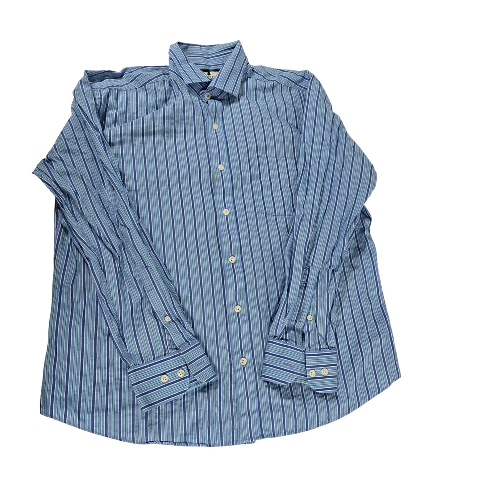 Southern Pines Mens Blue Green Stripe Button Down Shirt L Cotton Long Sleeve